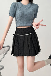 Pleated High Waist A Line Black Mini Skirt