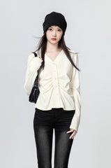 Pleated Vneck Long Sleeve Top
