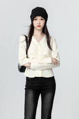 Pleated Vneck Long Sleeve Top