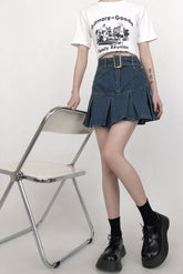 Plus Size Pleated Denim A Line Mini Skirt