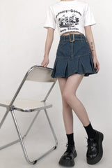 Plus Size Pleated Denim A Line Mini Skirt