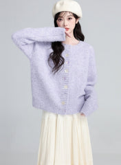 Purple Crewneck Knit Cardigan Jacket
