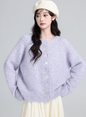 Purple Crewneck Knit Cardigan Jacket