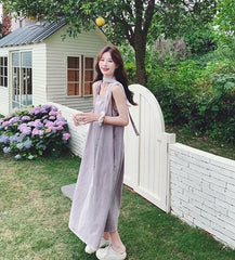 Purple Denim Sleeveless Maxi Dress Elegant Summer Style