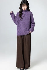 Purple Mock Neck Cozy Oversized Sweater Top