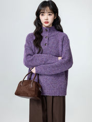 Purple Mock Neck Cozy Oversized Sweater Top