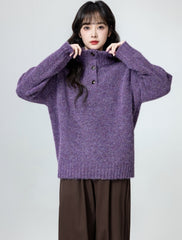 Purple Mock Neck Cozy Oversized Sweater Top