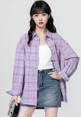 Purple Plaid Long Sleeve Polo Collar Shirt Jacket