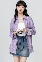 Purple Plaid Long Sleeve Polo Collar Shirt Jacket