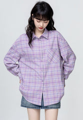 Purple Plaid Long Sleeve Polo Collar Shirt Jacket