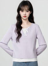 Purple Polka Dot Layered Long Sleeve Crop Top