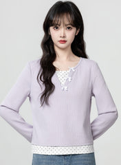Purple Polka Dot Layered Long Sleeve Crop Top