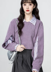 Purple Polo Collar Sweatshirt With Layered Shirt Design