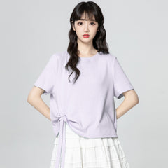 Purple Ruched Drawstring Irregular Hem Short Sleeve Top