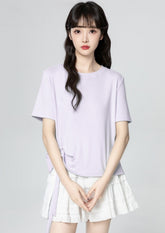 Purple Ruched Drawstring Irregular Hem Short Sleeve Top