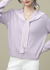 Purple Sailor Collar Tie Colorblock V Neck Cardigan