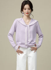 Purple Sailor Collar Tie Colorblock V Neck Cardigan