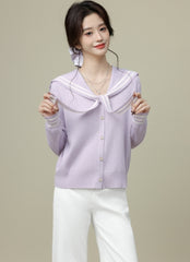 Purple Sailor Collar Tie Colorblock V Neck Cardigan
