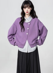 Purple Striped Collar Pullover Sweatshirt Top