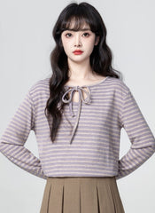 Purple Striped Long Sleeve Bow Tie Top
