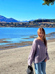 Purple V-Neck Twist Pattern Sweater