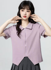 Purple Zip Short Sleeve Asymmetrical Top