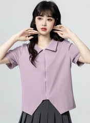Purple Zip Short Sleeve Asymmetrical Top