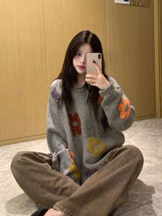 Grey Floral Print Knit Sweater