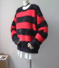 Red And Black Striped Fuzzy Knit Sweater