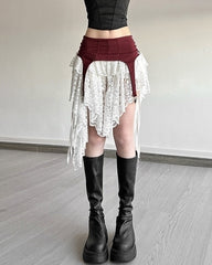 Red And White Lace Layered Skirt