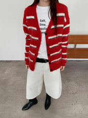 Red And White Stripes Mohair Cardigan