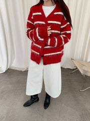 Red And White Stripes Mohair Cardigan