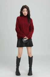 Red Cable Knit Turtleneck Sweater