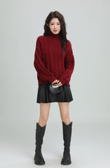 Red Cable Knit Turtleneck Sweater