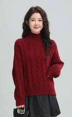 Red Cable Knit Turtleneck Sweater