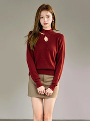Red High Neck Knit Sweater With Half Chain Design
