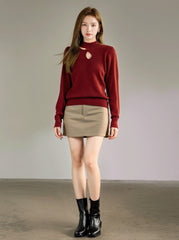 Red High Neck Knit Sweater With Half Chain Design