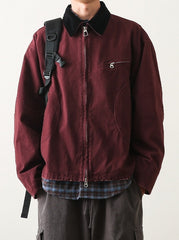Red Contrast Collar Zip-Up Jacket