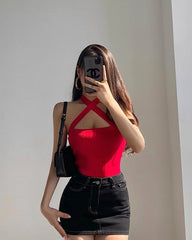 Red Criss-Cross Halter Ribbed Top
