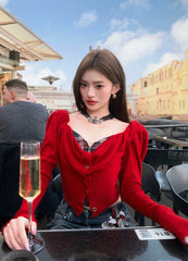 Red Draped Button Corset Top