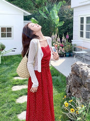 Red Floral Knit Cardigan And Dress Set