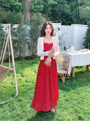 Red Floral Knit Cardigan And Dress Set