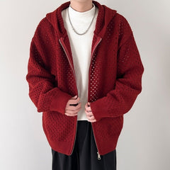Red Hollow Knit Hooded Jacket