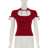 Red Hollow Front Lace-Up Top
