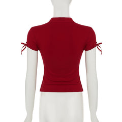 Red Hollow Front Lace-Up Top