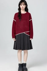 Red Irregular Neck Cozy Knit Sweater