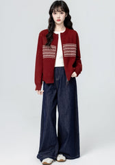 Red Jacquard Knit Zip Up Cardigan Sweater