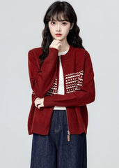 Red Jacquard Knit Zip Up Cardigan Sweater