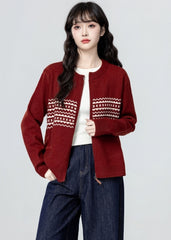 Red Jacquard Knit Zip Up Cardigan Sweater