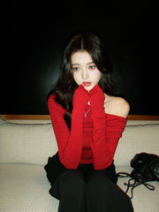 Red Off Shoulder Long Sleeve Top